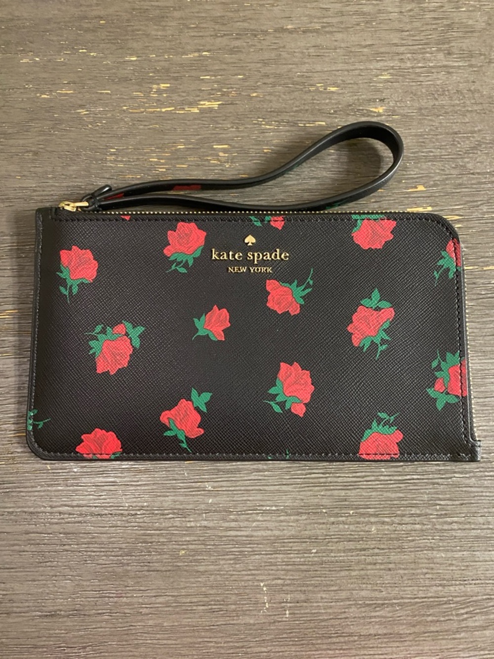 kate spade Black Wristlet with Red Rose Print